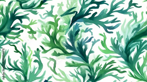 Green underwater seaweed seamless pattern background. Generative AI