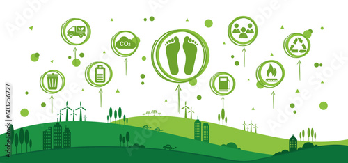 Carbon footprint concept with icon and infographic, measure huge foot, the impact of carbon pollution, Co2 emission in environment, carbon dioxide effect on planet ecosystem. Vector illustration.
