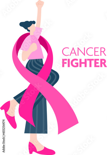 Pink ribbon with a fighting woman. Breast cancer awareness month. Design for poster, banner, t-shirt. Illustration.