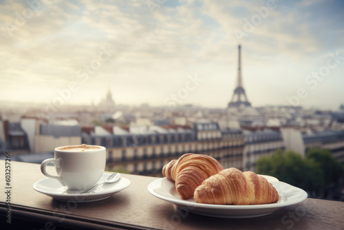 cup of coffee and 2 croissants on table against Paris France city skyline Eifel tower panorama view concept of French food breakfast café. generative ai