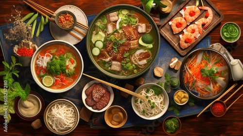 Gemischtes asiatisches Abendessen, vietnamesisches Essen. Pho ga, pho bo, Nudeln, Frühlingsrollen,generiert mit KI 
