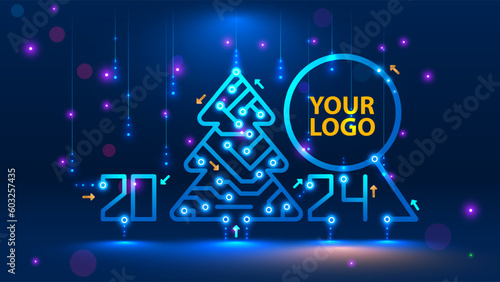 Template New Year and Happy Christmas cards in the style of new technology. Christmas tree, 2024 year on printed circuit Board. Snowfall, snow flakes from the electronic pulses and signals. Tech 2024.