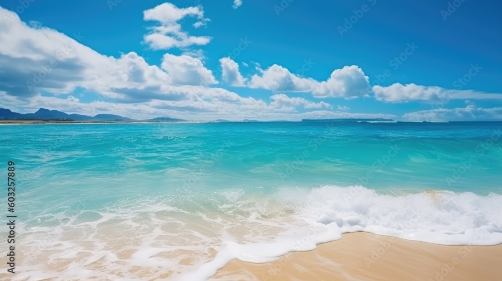 Beautiful background for summer vacation and travel. Golden sand of tropical beach, blue sky and blurred glare of sun on waves of surf. Generative AI