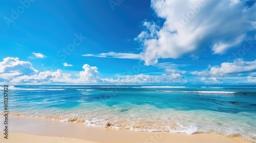 Beautiful background for summer vacation and travel. Golden sand of tropical beach  blue sky and blurred glare of sun on waves of surf. Generative AI