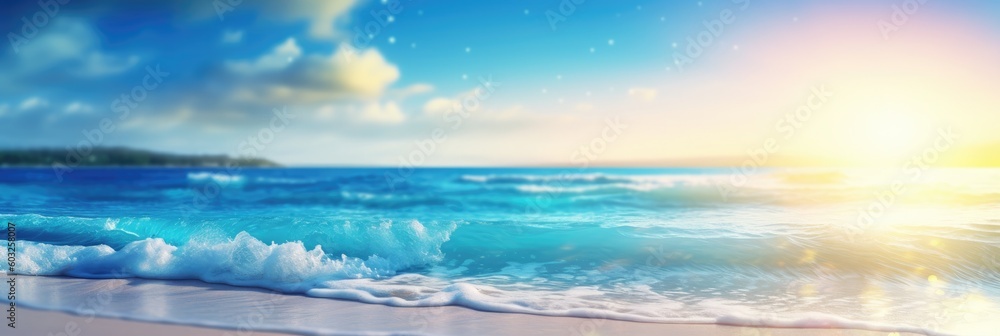 Obraz premium Natural blurred defocused background for concept summer vacation. Nature of tropical summer beach with rays of sunlight. Light sand beach, ocean water sparkles against blue sky. Generative AI