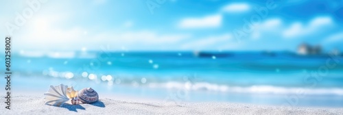 Natural blurred defocused background for concept summer vacation. Nature of tropical summer beach with rays of sunlight. Light sand beach  ocean water sparkles against blue sky. Generative AI