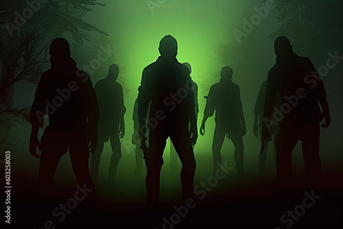 Zombies in the fog created with Generative AI technology
