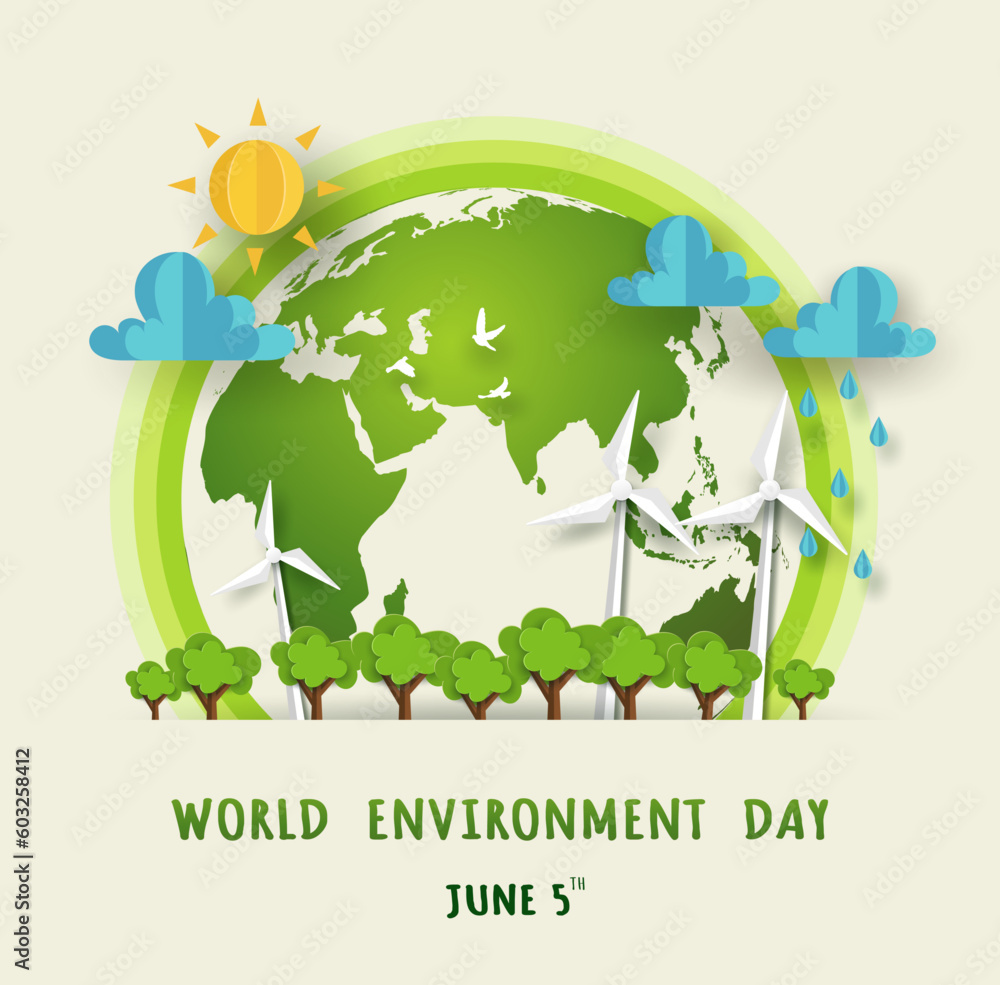 Fototapeta premium world environment day june 5 concept in illustrator. green earth with windmill, sun, clouds and trees in origami paper design. 