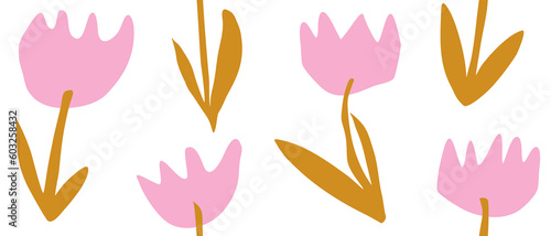 Hand Drawn Irregular Floral Seamless Vector Pattern. Light Pink Tulips and Golden Orange Leaves Isolated on a White Background. Simple Abstract Garden Repeatable Design. Floral Endless Print.