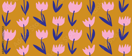 Hand Drawn Irregular Floral Seamless Vector Pattern. Light Pink Tulips and Royal Blue Leaves Isolated on a Golden Orange Background. Simple Abstract Garden Repeatable Design. Floral Endless Print.