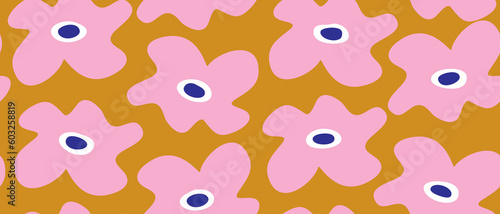 Hand Drawn Irregular Floral Seamless Vector Pattern. Light Pink Daisy Isolated on a Golden Orange Background. Simple Abstract Garden Repeatable Design. Floral Endless Print ideal for Fabric.