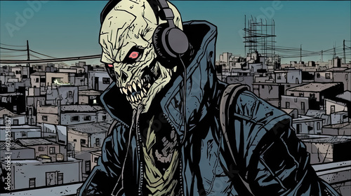 Zombie wearing headphones created with Generative AI technology