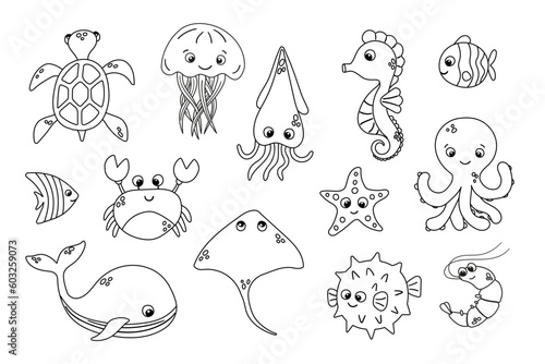 Vector cute fish and wild marine animals collection in flat style. Colourful set of ocean and sea life
