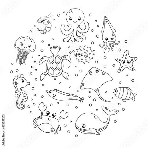 Vector cute fish and wild marine animals circle collection in flat style. Set of ocean and sea life
