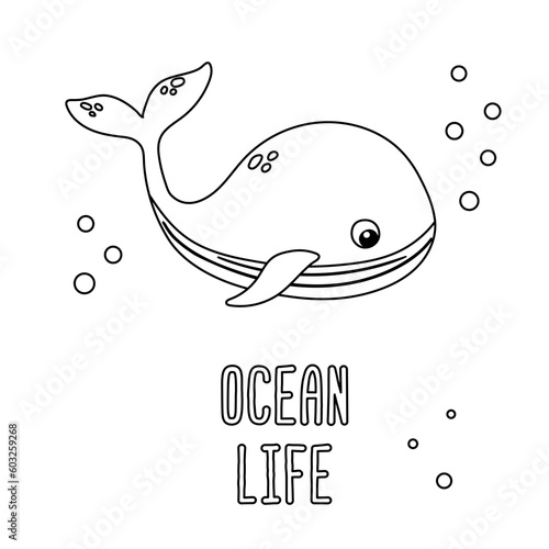 Poster of vector cute cartoon whale with bubbles and text Ocean life in flat style.