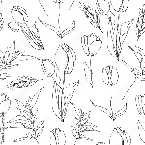 Vector flower linear seamless background, tulips and leaves. One, continuous line pattern, hand drawn style. Monoline doodle.