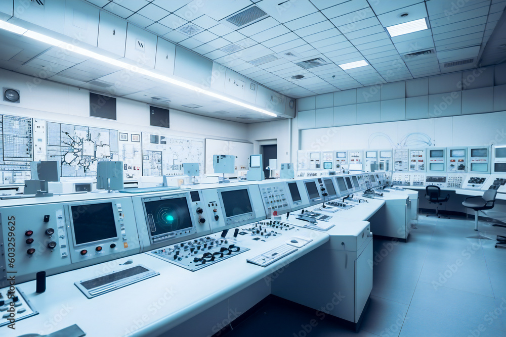 Nuclear power plant control room. Created with Generative AI technology. Nuclear power plant control room. Created with Generative AI technology.