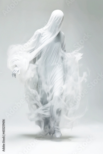 Illustration of an ethereal white ghostly shape surrounded by white steam. Created with Generative AI technology.
