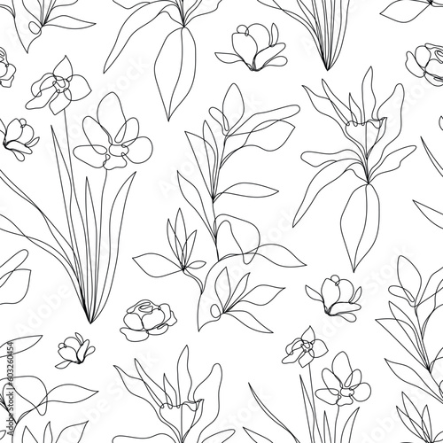 Vector flower linear seamless background  daffodils and leaves. One  continuous line pattern  hand drawn style. Monoline doodle