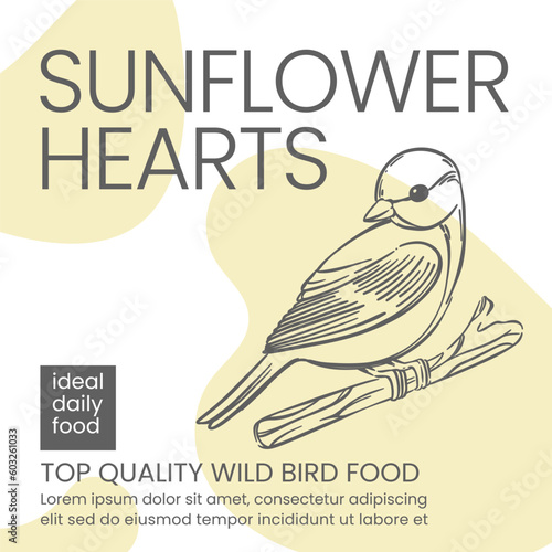 WILD BIRD FOOD PACKAGING Sunflower Hearts For Tits Modern Design Vector Illustration Sketch With Abstract Elements Printable Monochrome Hand Drawn Template