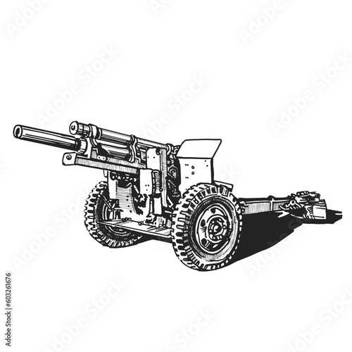 Artillery cannon hand graphic drawing. Military equipment