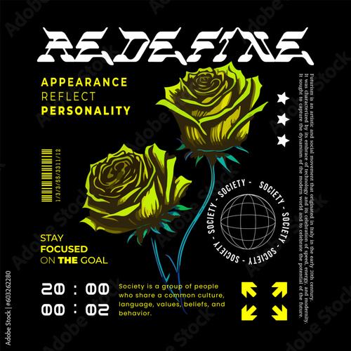 Urban Street Clothing. Screen Printing Design for Shirts, Jackets, Sweaters and More. Text Slogan, Rose Flower Vector Illustration.