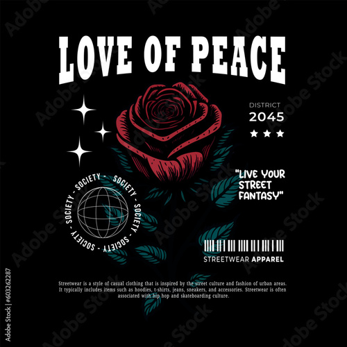 Urban Street Clothing. Screen Printing Design for Shirts, Jackets, Sweaters and More. Text Slogan, Rose Flower Vector Illustration.