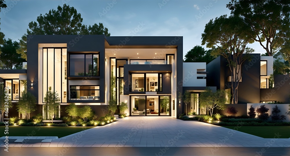 Illustration of a spacious and contemporary villa with abundant windows and natural light created with Generative AI technology - obrazy, fototapety, plakaty 