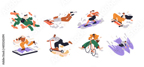 Active fast people with free energy in motion. Energetic enthusiastic fun characters travel. Life experience  action  movement concept. Flat graphic vector illustrations isolated on white background