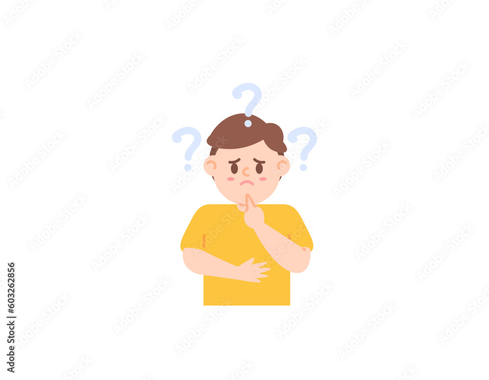 A boy who is wondering. The boy who is confused and indecisive. question. funny, cute and adorable kid character. facial expressions. illustration design. vector elements. white background A boy who is wondering. The boy who is confused and indecisive. question. funny, cute and adorable kid character. facial expressions. illustration design. vector elements. white background