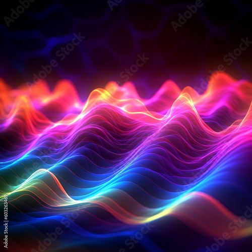Dynamic and bright background with sound waves in neon colors. Generative AI