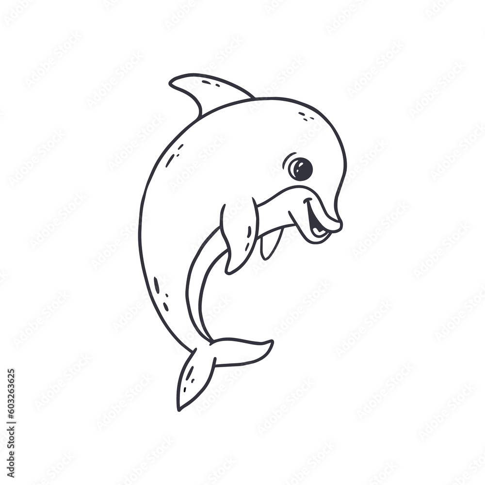 Hand drawn cartoon dolphin in doodle style isolated on white background. Sketch. Coloring. Hand drawn cartoon dolphin in doodle style isolated on white background. Sketch. Coloring.