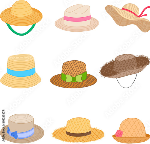 straw hat set cartoon. fashion summer, clothing sun, head accessory, brown cap straw hat sign. isolated symbol vector illustration