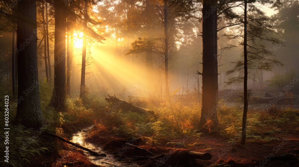 Fototapeta premium Awe-inspiring beauty of a misty forest at sunrise, where nature's magic unfolds. As the sun gently rises, its golden rays penetrate the dense foliage, illuminating the enchanting scene. Generative AI