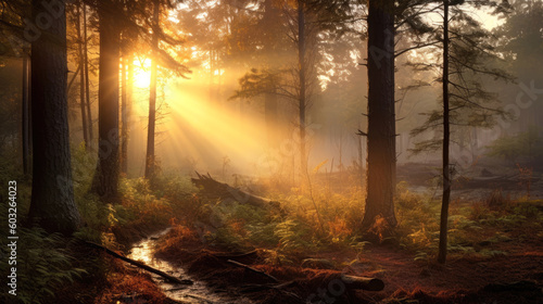 Awe-inspiring beauty of a misty forest at sunrise  where nature s magic unfolds. As the sun gently rises  its golden rays penetrate the dense foliage  illuminating the enchanting scene. Generative AI