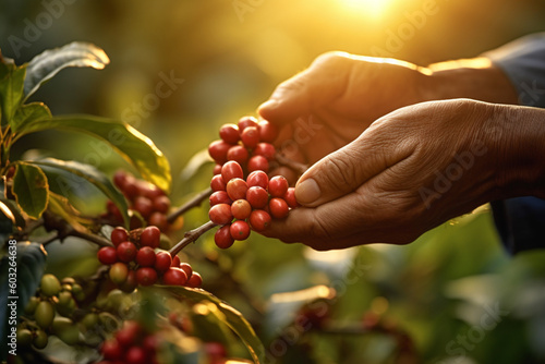 hand picking coffee berry in the early morning sunrise to make coffee commercials with Generative AI