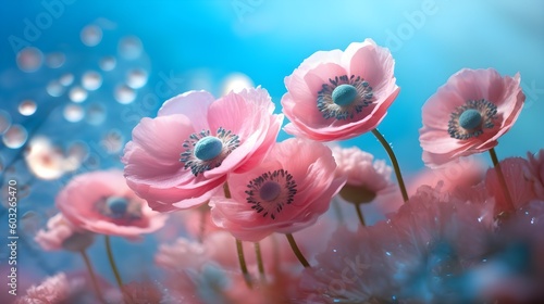 Close-Up of Soft Pink Anemone Flowers on Turquoise Background - Dreamy Summer/Spring Nature Image