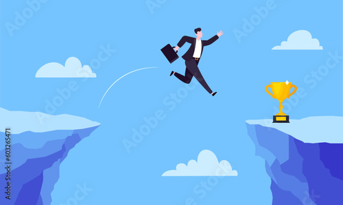 Businessman jumps over the abyss across the cliff flat style design vector illustration. Business concept of fearless businessman with huge courage. Risk, goal achievement, work obstacles and success.