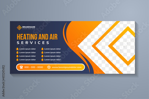 heating and air conditioner services  Promo Banner Vector. Cooling Conditioner Block And Remote Control For House Or Office. Climate Technology Equipment Layout Illustration. space for photo collage.
