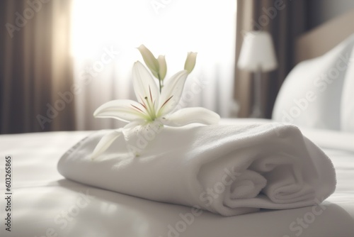 towel bath modern comfortable window bedchamber flower bed spa welcome. Generative AI.
