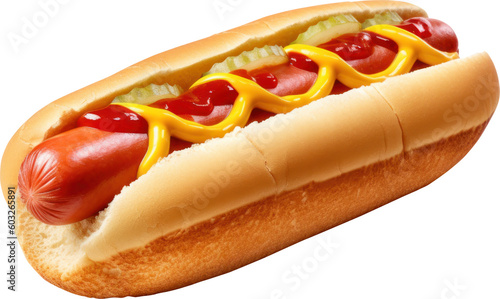 Hot dog with ketchup and mustard isolated. Generative AI.