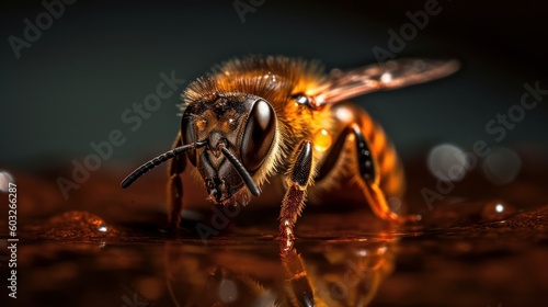 Close-up of a honey bee standing in water. Generative AI