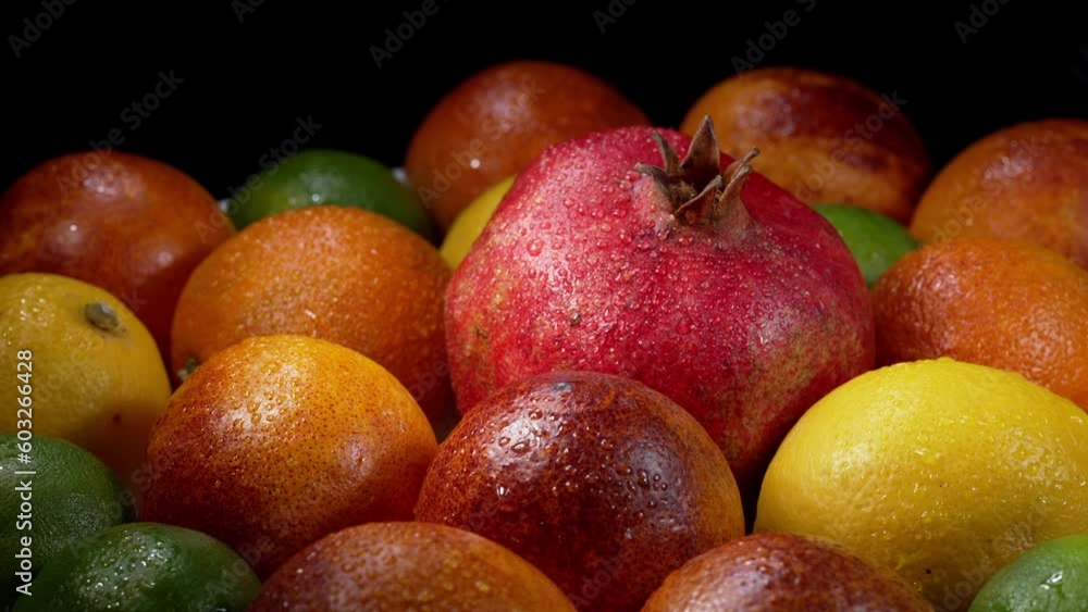 food, healthy eating and vegetarian concept - pomegranate orange lime lemon food, healthy eating and vegetarian concept - pomegranate orange lime lemon