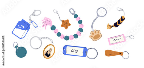 Keychains, trinkets set. Key accessories collection. Different rings, keyrings, holders, chains, pendants, fobs with number tag, paw, photo. Flat vector illustrations isolated on white background