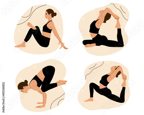 Set of sportive young woman practicing yoga, fitness, sport exercises. Healthy lifestyle. Collection of female cartoon character demonstrating various yoga poses. Isolated background. Vector
