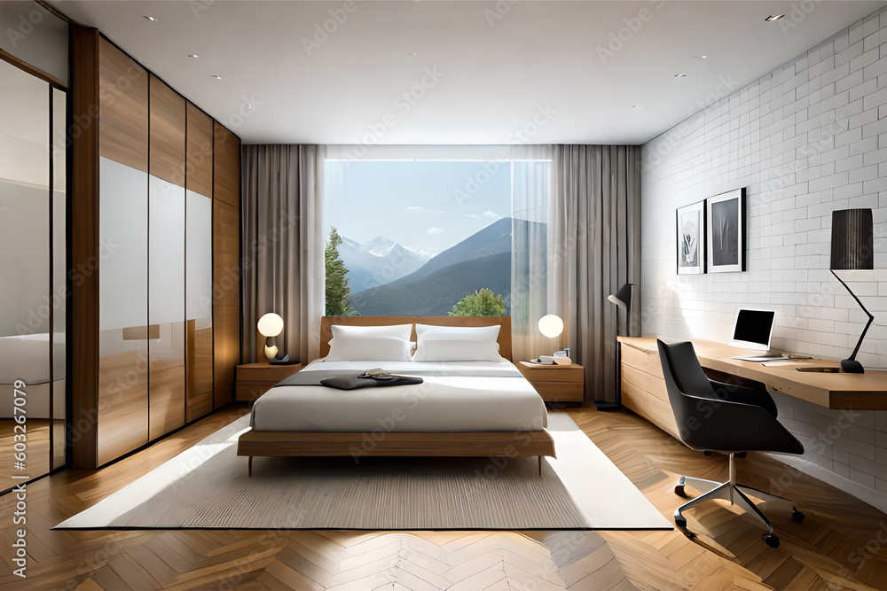 Interior design of a minimalist bedroom with luxurious fabrics, light colors, and big glass windows that exudes tranquility and simplicity | Generative AI Interior design of a minimalist bedroom with luxurious fabrics, light colors, and big glass windows that exudes tranquility and simplicity | Generative AI