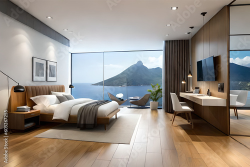 Interior design of a minimalist bedroom with luxurious fabrics  light colors  and big glass windows that exudes tranquility and simplicity   Generative AI