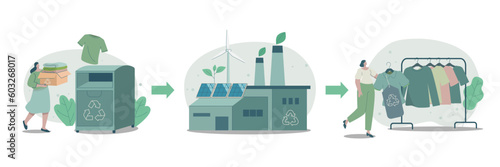 Collect old clothing to recycling, Green factories to recycle, New clothing from recycled materials. Vector design illustration.