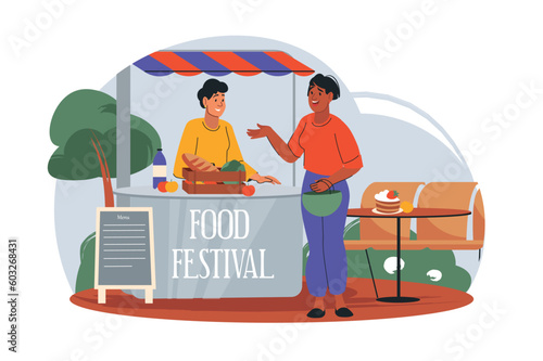 Concept food festival with people scene in the flat cartoon design. Woman came to a food festival to eat something delicious. Vector illustration.
