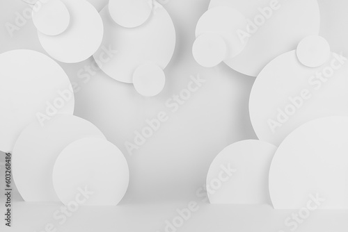 White abstract stage mockup with decor of white flying circles, template for presentation cosmetic products, goods, design, advertising, sale, card in elegant modern minimalist style.